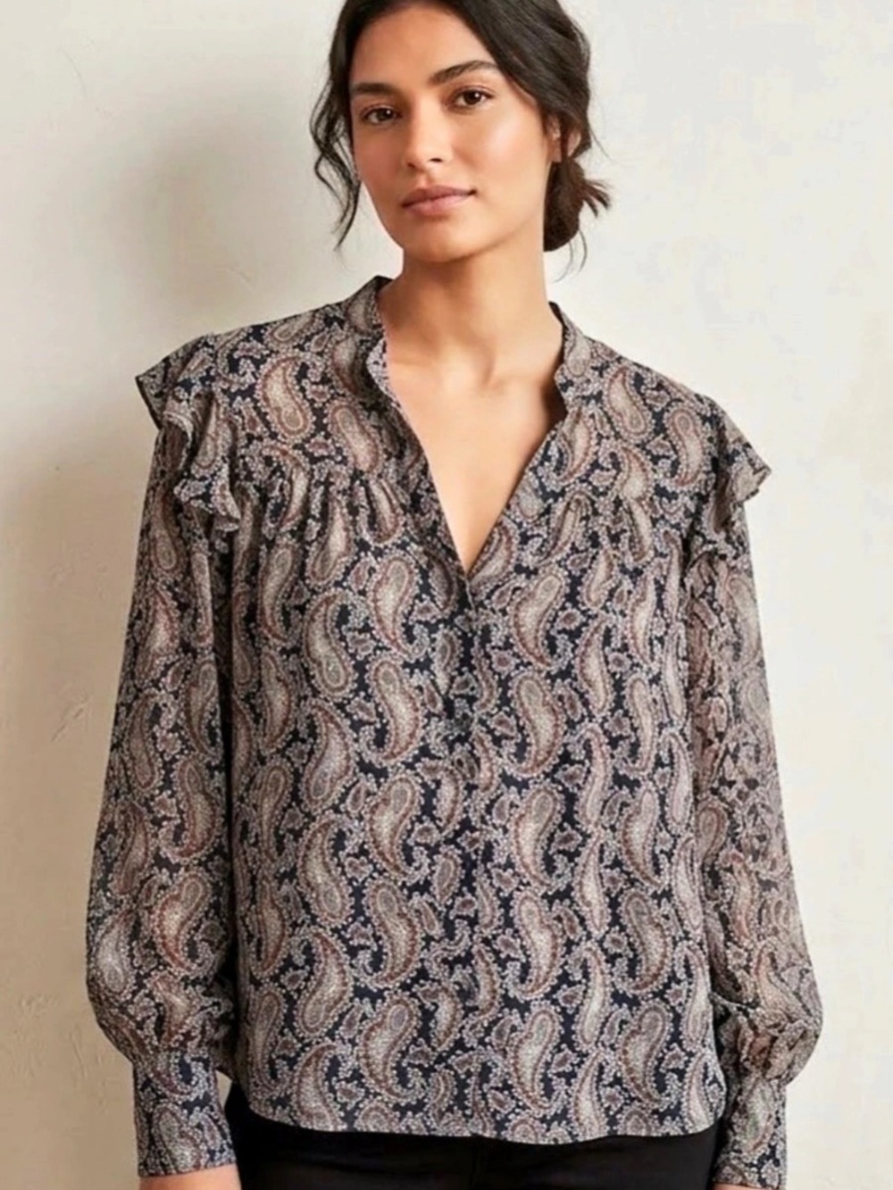 Banana Republic Sheer Button Front Paisley Blouse with Ruffles - L